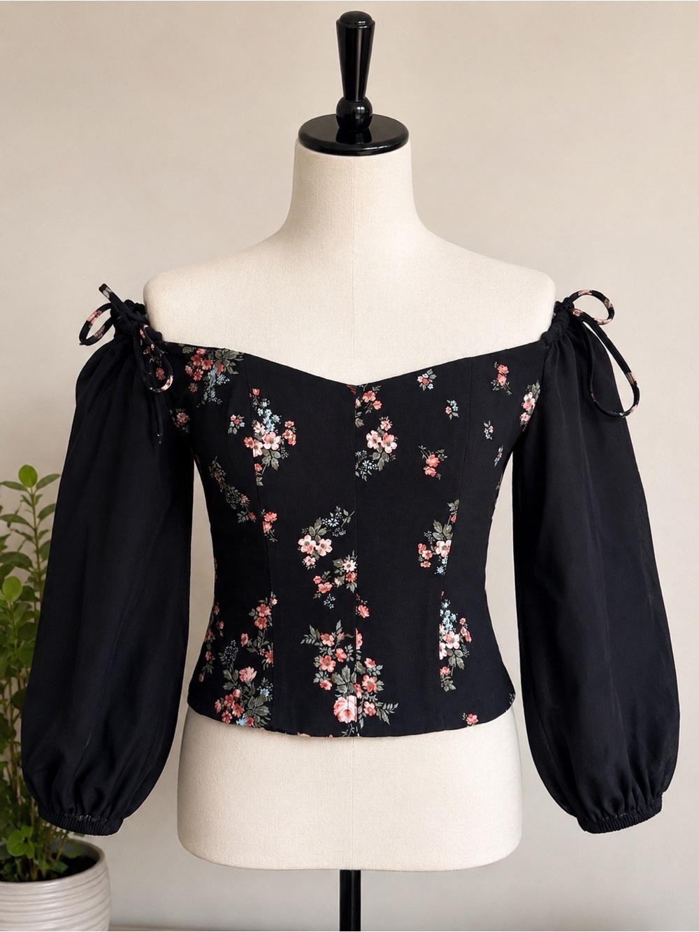 Reformation Floral Off-Shoulder Black Peasant Top